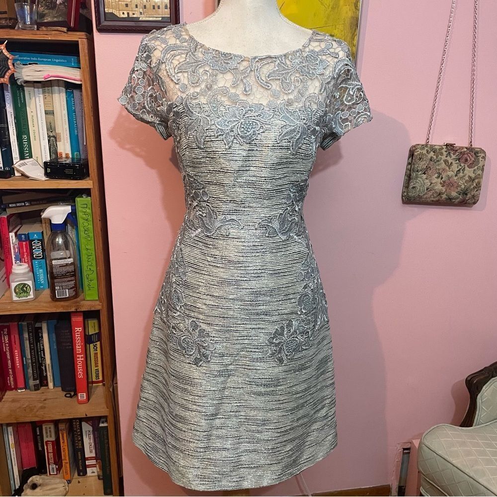 Kay Unger Silver & Pale Blue Embellished Lace Cut Out Mini Dress